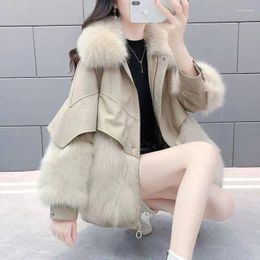 Women's Fur Autumn Winter Fashion Mid Length Polo Collar Long Sleeve PU Leather Panel Imitation Loose Coat Trend