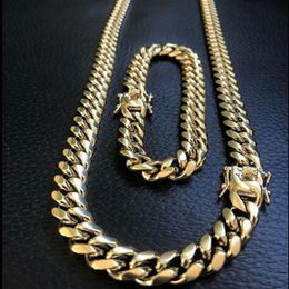 10mm Mens Miami Cuban Link Bracelet & Chain Set 14k Gold Plated Stainless Steel340H