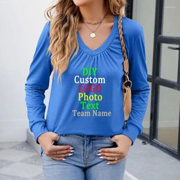 Women's T Shirts Autumn Solid Colour Draw Pleated V-Neck Ruffled Sleeve Loose Shirt T-Shirt Custom LOGO