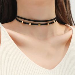 Choker Gold Plated Bead Velvet Double Layer Short Black Necklace For Women Punk Gothic Neck Jewellery Collares Para Mujer