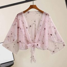 Women's Blouses Women Cropped Cardigan Tops Floral Embroidery Lace Cover Up With 3/4 Flared Sleeves Front Lace-up Detail For Summer