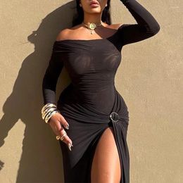 Casual Dresses Women Autumn Fashion Clothing Long Sleeve Off Shoulder Ruched Split Slim Maxi Party Club Black Vestidos