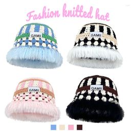 Berets Japanese Designer Hand-hollowed Knitted Fisherman Hat Autumn And Winter Vintage Colour Contrast Labelling Bucket Woollen