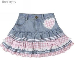 Skirts Preppy Style Lolita Kaii Skirts Japanese Sweet Mini Women Harajuku Cute Ball Gown Denim Skater Y2K High Waist Lace Cake SkirtsL231212