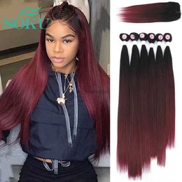 Chignons SOKU Synthetic Lace Closure Weaving Bundles Hair Ombre Dark Red Color Weave Bundles Nature Straight Hair Extensions 6 BundlesL240124