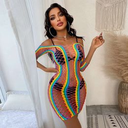 Women Rainbow Fishnet Beach Wear Sexy Mesh Hollow Out See Through Bodycon Dresses Erotic Transparent Bodysuit Mini Dress sexy