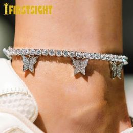 Anklets Gold Silver Color Pave 5A CZ Butterfly Pendant Anklet Iced Out Bling 5mm Tennis Chain Butterflys Anklets Hiphop Women Jewelry 231211