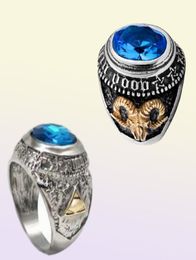 1 PCS Big Sheep Goat Horn Head Finger Ring Blue Crystal Stone Inverted Pentagram For Women Men Biker Punk Animal Hip Hop Jewelry3617445