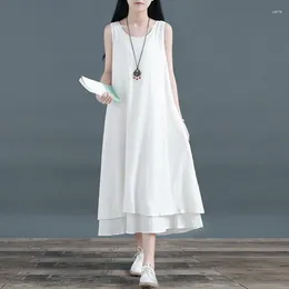 Casual Dresses Vintage Sleeveless Double-layer Cotton Linen Womens Summer O Neck Pullover Tank Top White Long Skirt Korean Style