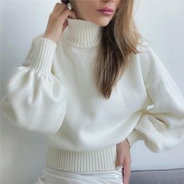 Women's Sweaters Women 2023 Fashion Turtleneck Pullovers Solid Bubble Sleeves Loose Jumper White Knitted Sweater Tops For