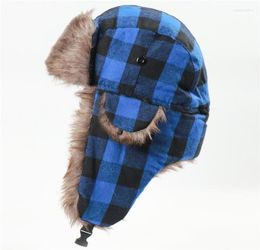 Berets Winter Hats For Mens Bomber Hat Fur Red Warm Earflap Cap Windproof Women Thicker Plaid Russian Ushanka Black Blue5862973
