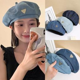 Berets Denim Beret Women Thin Plain Octagonal Sboy Cap British Retro Internet Celebrity Ladies Painter Tour Sunscreen Hats