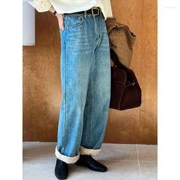 Women's Jeans Thickened Fleece Lined Worn Wash Wide Leg Pants 2023 Winter High Waist Blue Boyfriend
