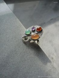 Cluster Rings Bohemian Vintage Classic Oval Zinc Alloy Ring With Multicolor Gemstones For Men's Fashion Hip Hop Creative Jewelry Gift