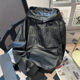 Men s Hoodies Sweatshirts Vintage high street pu leather hoodies black biker style hiphop sweatshirts niche American pocketed tops harajuku streetwear 231212