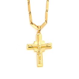 Men's Cross Pendant 18 k Solid Fine Yellow Gold GF Charms Lines Necklace Christian Jewellery Factory God gift238d