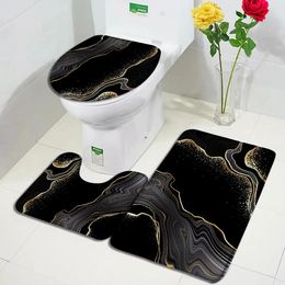 Carpets Black Marble Bath Mats Sets Gold Grey Lines Creative Abstract Geometric Art Home Bathroom Decor Rugs AntiSlip Toilet Lid Cover 231211