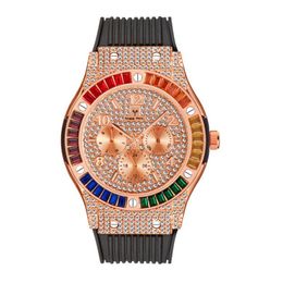 MISSFOX Life Waterproof Quartz cwp Mens Watches Square Colourful Diamond Refined Zircon Silicone Strap Male Wristwatches341P