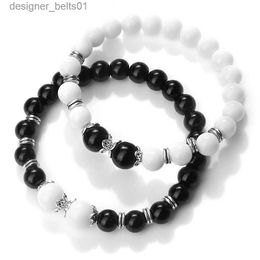Charm Bracelets Black Obsidian Stone Bracelet Healing Onyx White Porcelain Beads Elastic Bracelets Bangles Jewellery for Women Men Friends GiftsL231214