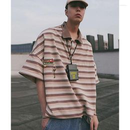 Men's T Shirts Summer Retro Lapel Hip-hop Oversized T-shirt Striped POLO Short-sleeved Loose Tide Brand Five-quarter Sleeve Man