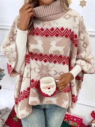 Women's Sweaters Christmas Shawl Classic Elk Snowflake Print Batwing Sleeve Turtleneck Pullover Knit Tops 2024 Year