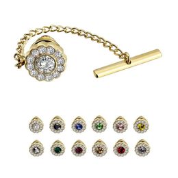 whole New Arrive Mens Flowers Tie Tack with Chain 12 Colors Crystal Shirt Jewelry Fashion Tie Pin Wedding Gifts 240z