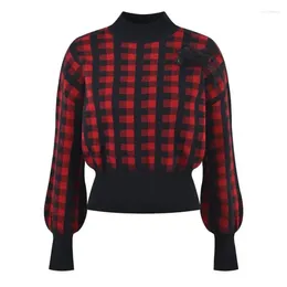 Women's Sweaters Vintage Fashion Half High Collar Red Plaid Pullovers Knitwear Swan Feather Bead Knit Slim Sweater Top Winter Jumpers