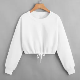 Women's Hoodies Solid Long Sleeve Crop Top Women White Sweatshirt Korean Style Drawstring Sexy Elastic Waistband Y2k Blouses