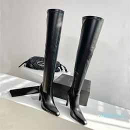 Stretch Leather Thigh-high Boots Stiletto Heels Fashion Boot Half Zip Closure Square Toes Designers Leather Women Over the shoes