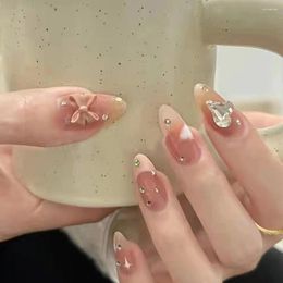 False Nails 3D Rhinestones Decor Pink Tips Sweet Bow Franch Almond For Girl Lady Wearable Korean Style Fake