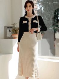 Work Dresses Elegant Sweater 2 Pieces Outfits Women Vintage Knitted Black Tops Coat Femme Midi Folds Skirt Sets Mujer Workwear Street