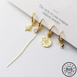 Hoop & Huggie 925 Sterling Silver Asymmetrical Zircon Round Star Shape Hoops Earrings Gold Color Long Tassel Chain Ear Rings Jewel248A