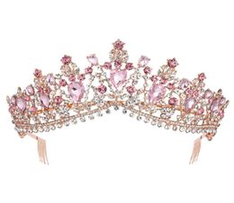 Baroque Rose Gold Pink Crystal Bridal Tiara Crown With Comb Pageant Prom Rhinestone Veil Tiara Headband Wedding Hair Accessories Y4415480