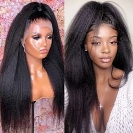 Bella Hair Kinky Straight Cabelo Humano Full Front Lace Wig 130% 150% Dyeable Natural Black Pré Arrancado com Cabelo de Bebê Natural Hairline Remy Virgin Hair Yaki Straight Wig