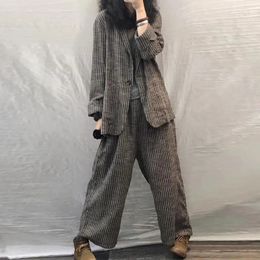 Women's Two Piece Pants 2023 Spring Autumn Women Suit Large Size Casual Suits Fashion Art Retro Loose 2 Set Blazer And Linen 231211