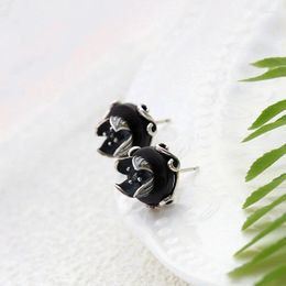 Stud Earrings Authentic 925 Sterling Silver Earstuds Retro Style Natural Ebony Circular Earring Women Trendy Creative Jewellery Gift