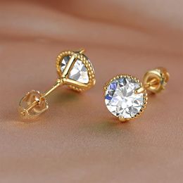 8mm Diameter Unisex Fashion Men Women Earrings Yellow White Gold Plated Bling Round CZ Earrings Studs with Screwbacks Nice Jewelry287S