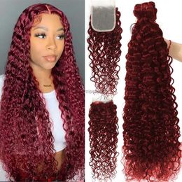 Synthetic Wigs Water Wave Hair Bundles With Closure 99j Red Burgundy Colored Hair Weave 3/4 Bundles With Lace Closure Remy ExtensitionsL240124