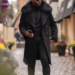 Men's Fur Faux Casual Woollen Coat 2023 Fall Winter Fashion Slim Double Breasted Young Men Solid Colour Collar Top 231212
