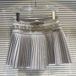 Skirts 2023 Winter Classic Style Heavy Industry Rhinestone Beaded Waist Woolen Skirt Woman's Short Pleated Faldas Mujer