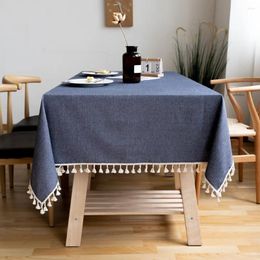 Table Cloth Ins Style Home Dining Tassel Solid Color Art Cotton Linen Cover Dark Blue El