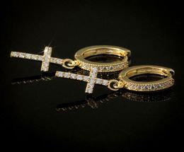 Trendy Men Women Earrings Gold Plated Micro Paved CZ Cross Bling Earrings Hoops Punk Rock Hip Hop Jewelry1408240
