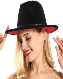 Unisex düz ağzı yün keçe fedora şapkaları kemer kırmızı siyah patchwork caz resmi şapka panama cap trilby chapeau erkekler için 3196937