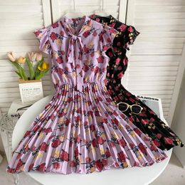 Casual Dresses Flying Sleeves Slimming A-line Pleated Robe 2024 Spring Summer Clothes For Women Fashion Floral Dress Vestidos Elegantes