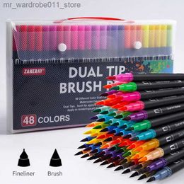 Watercolour Brush Pens Colours Watercolour Pens 12/24/36/48/80/120 FineLiner Dual Tip Brush Art Markers Pen For Drawing Painting Calligraphy Art Supplies Q231212