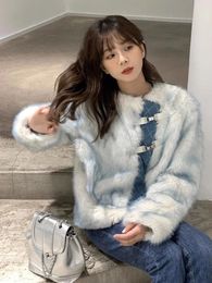 Women's Fur Fashion Denim Stitching Furry Coat Female 2023 Winter High Neck Warm Long Sleeves Environmental Protection