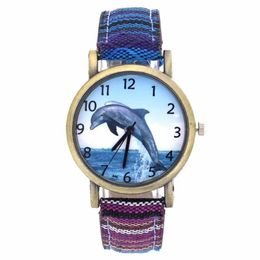 Kol saatleri yunus desen okyanus akvaryumu balık moda gündelik erkek kadın tuval bez kayış spor analog kuvars watch302n