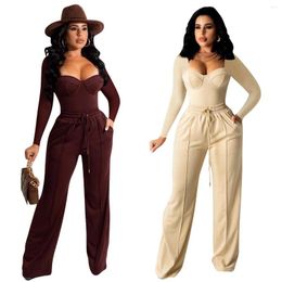 Women's Two Piece Pants Elegant Solid Set Fall Winter Clothes For Women Sexy V Neck Top Drawstring Pockets Wide Leg Tracksuit