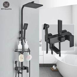 Bathroom Shower Heads Black Brass Faucet Set Rainfall Bathtub Tap With Shelf 4 Functions Height Adjust Mixer Crane Fast Delivey 231212