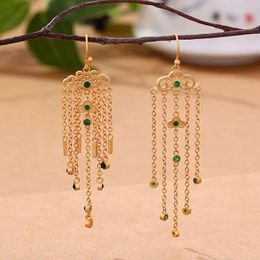 Dangle Earrings Auspicious Clouds Tassel For Women Ancient Gold Craft Vintage Green Crystal Drop Earings Court Style Jewellery
